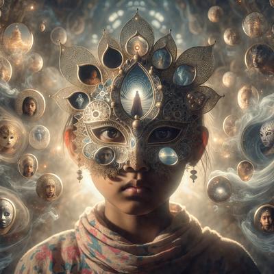 The primary subject of the image is a young girl wearing a mask. The mask is adorned with a sun and moon, giving it a unique and artistic appearance. The setting is a room with a backdrop of a wall filled with many small circles. The visual style of the image is a combination of digital art and illustration, creating a surreal and intriguing atmosphere. The dominant colors in the image are pink and purple, which add to the overall mood of the scene.